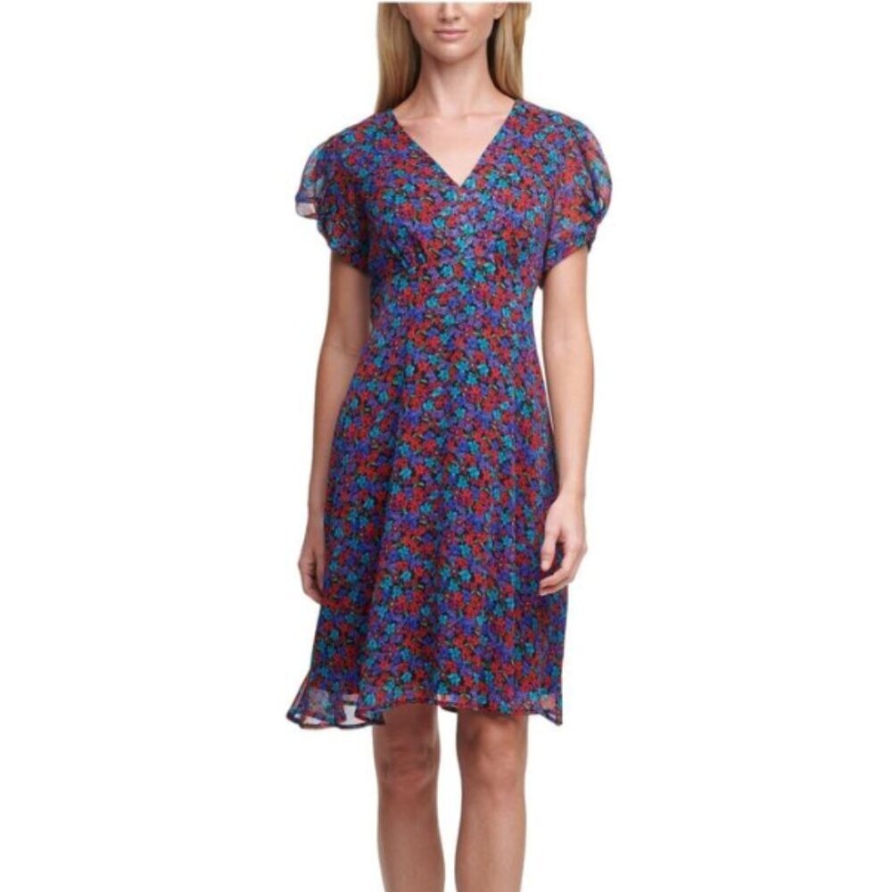 Calvin Klein Chiffon Dress 10 Fit Flare Floral V-Neck Puff Romantic Party